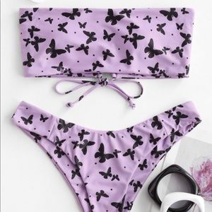 butterfly print lace up bandeau bikini swimsuit